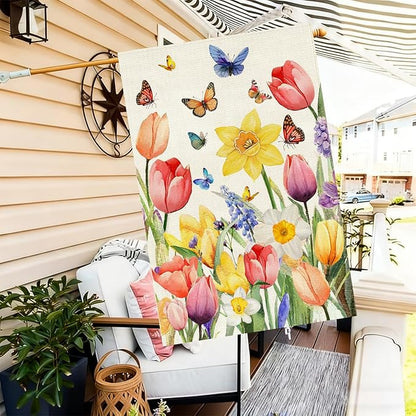 Baccessor Spring Easter Tulip House Flag Double Sided 28x40 Inch Burlap,Daffodil Floral Butterflies Large Garden Flag Porch Patio Front Entry Yard Seasonal Farmhouse Outside Outdoor Decor