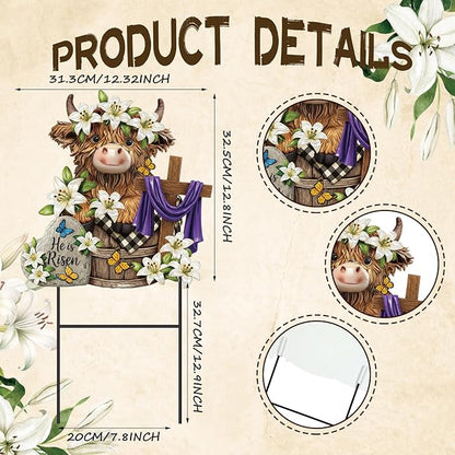 Amyhill Easter Outdoor Decor Highland Cow Metal Garden Stakes Decorative He is Risen Highland Cow Yard Signs with Stakes Cattle Lily Yard Sign for Easter Christian Holiday Garden Lawn Decor