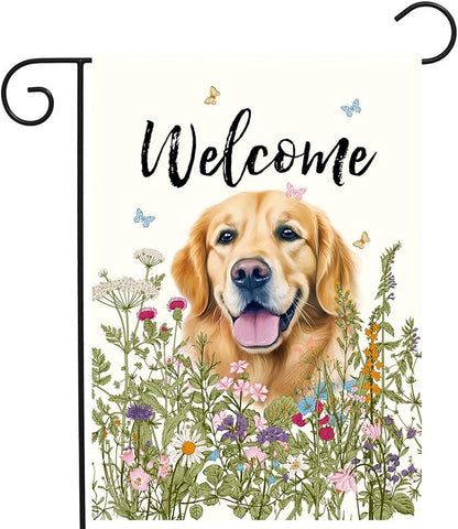 Spring Summer Garden Flag Floral Golden Retriever Yard Flag Flower Dog Garden Flags for Outside Small Outdoor Welcome Flags 12x18 Double Sided