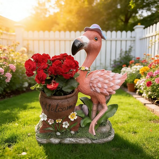Flamingo Garden Statue Planter with Welcome Sign & Solar LED Light, Waterproof Outdoor Resin Yard Decor, Front Porch Ornament Housewarming Gift(Right Pink Flamingo)