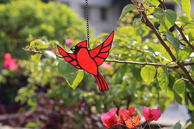 BOXCASA Red Cardinal Stained Glass Window Hanging,Cardinal Ornament Stained Glass Suncatcher for Home,Cardinals Bird Memorial Gifts for Women,Red Bird Gifts for Mother Grandma Nana
