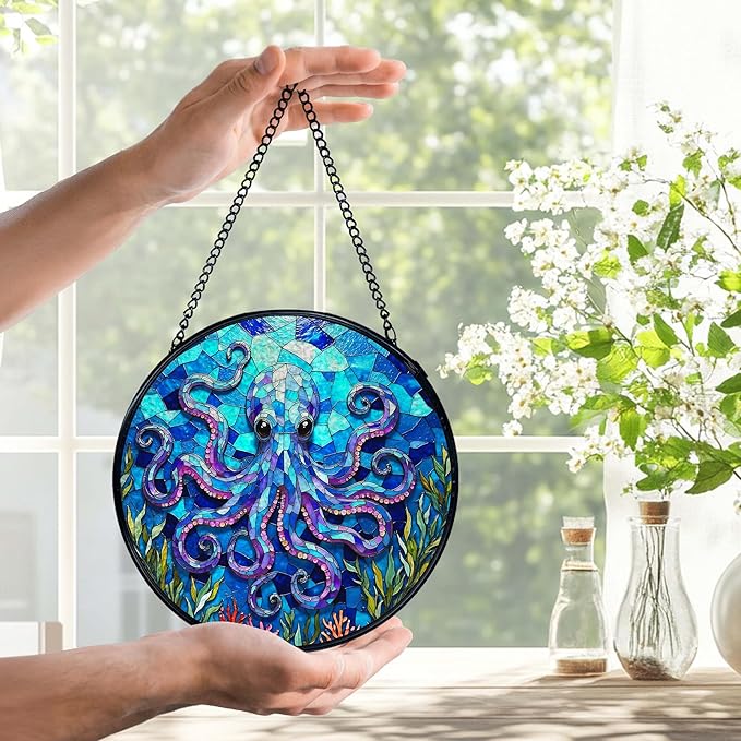 Ocean Beach Octopus Suncatchers Stained Glass Window Hanging, Octopus Decor Sun Catchers Indoor Window Glass Round Wall Decor, Coastal Beachy Wall Hanging Decorations, 7.9x7.9in