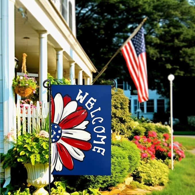 4th of July Garden Flag Patriotic Daisy Double Sided Yard Flag Burlap Welcome Independence Day House Banner Memorial Day Floral America Blue Garden Flags Outdoor Decoration 12x18 Inch
