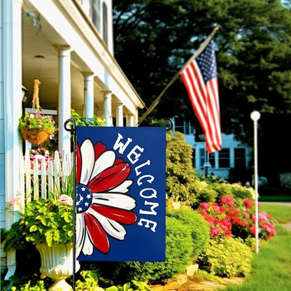 4th of July Garden Flag Patriotic Daisy Double Sided Yard Flag Burlap Welcome Independence Day House Banner Memorial Day Floral America Blue Garden Flags Outdoor Decoration 12x18 Inch