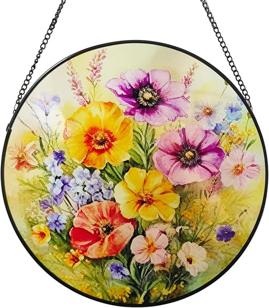 Stained Glass Window Hanging, 9.8 Inch Poppy & Wildflower Suncatcher for Window Hanging, Vibrant Glass Art for Garden Home Window Decor, Gift for Mom, Grandma, Wife, Nana