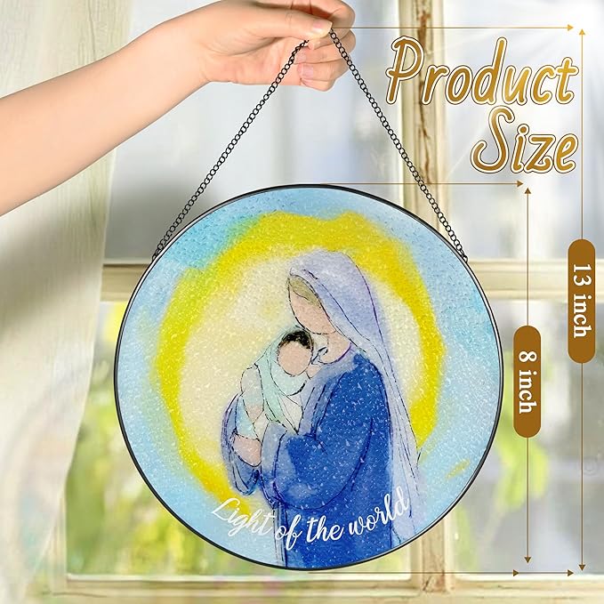 8'' Virgin Mary and Jesus Religious Ornament, Stained Glass Window Hanging, Sun Catcher Window Decor, Christian Holiday Decor, Gifts for Christmas, Christian Gift, Religious Gift
