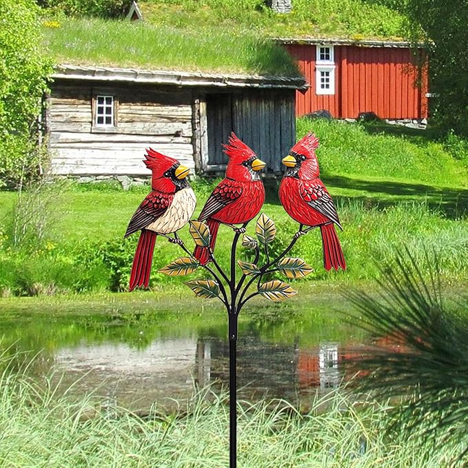 Cardinal Garden Stake, Metal Red Bird Outdoor Decor, Large Cardinal Statue for Yard, Patio, and Garden(Cardinals)