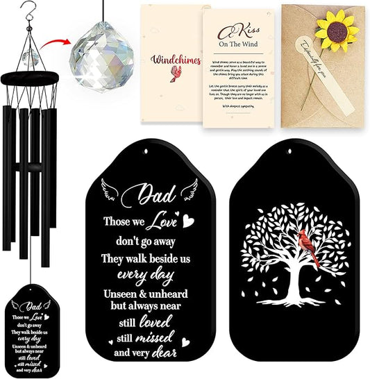 Crystal Dad Memorial Wind Chimes Black Sympathy Windchimes Garden Window Decor Remembrance Keepsake Gift Loss of Daddy in Memory Papa Step Father in Law Idea Condolence Funeral Gift HW12-RB-D