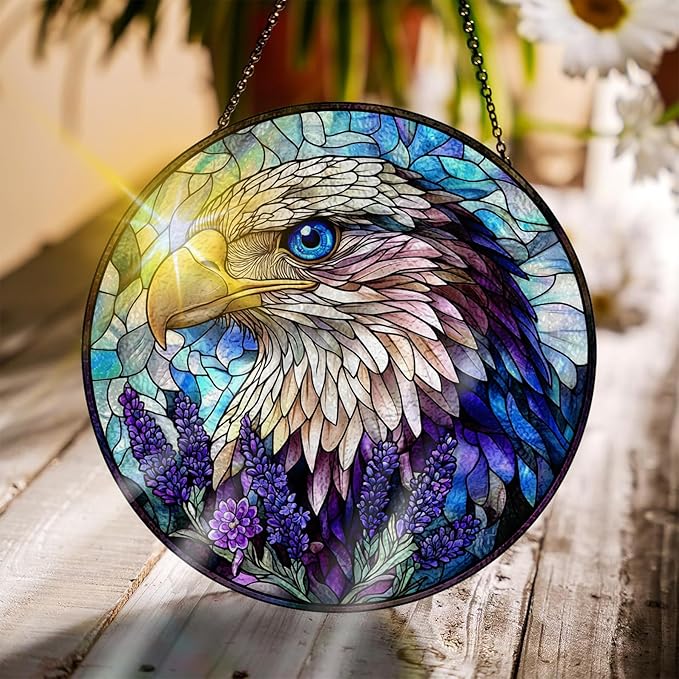 Bimkole Eagle Stained Glass Suncatcher Window Hanging - Animal Indoor Window or Doorway Decoration - Handmade Sun Catcher Decor for Garden Home Christmas & Birthday Gifts 7.87x7.87 inch