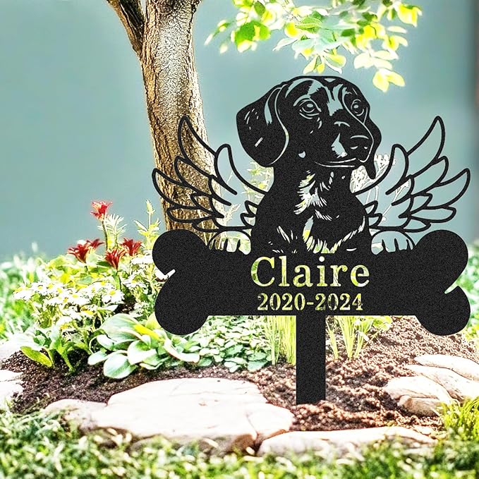 Custom Dachshund Memorial Grave Marker, Personalized Dachshund Dog Memorial Sign Bone Stake, Weatherproof Metal Wings Memorial Plaque Dog Loss Gift Pet Sympathy Gift, Lawn & Yard & Cemetery