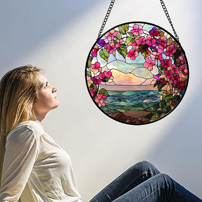 Stained Glass Window Hanging, Purple Flower Landscape Wreath Sun Catcher for Door Home Decor Plants Flowers Suncatcher Christmas Mother's Day Birthday Gifts for Women Men Mom Nana 6.3 in