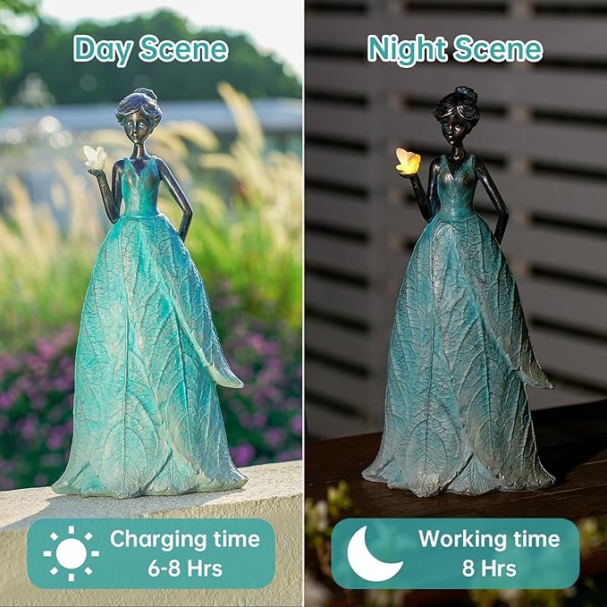 VChymm Solar Fairy Statue Collection Home Decoration 12.9 in - Leaf Angel Girls Resin Home Garden Decor for Outside or Inside Rustic Fairy Garden Outdoor Yard Figurines Gifts for Women
