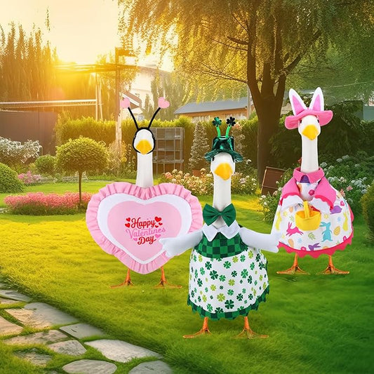 Abbylike 3 Set St. Patrick's Day Porch Goose Outfits Easter Spring Yard Goose Clothes Valentine's Day Lawn Costume for 23 Inch Cement Patio Garden Outdoor Statue Decor