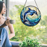 Dolphin Stained Glass Suncather for Window Hanging with Ocean Wave, 7.9'' Blue Dolphin Ornament Gift for Women, Ocean-Themed Home Decor Gift for Beach & Sea Lovers (Blue Dolphin, 7.9'')