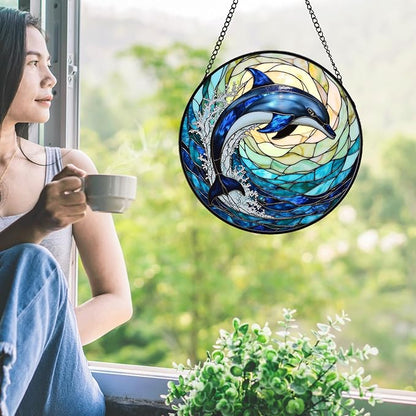 Dolphin Stained Glass Suncather for Window Hanging with Ocean Wave, 7.9'' Blue Dolphin Ornament Gift for Women, Ocean-Themed Home Decor Gift for Beach & Sea Lovers (Blue Dolphin, 7.9'')