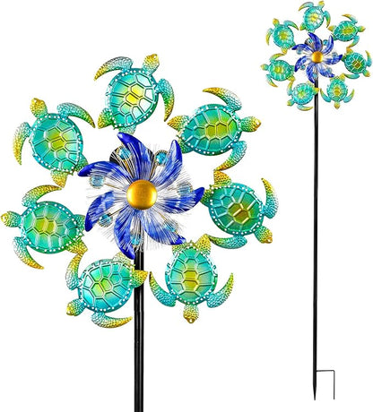Solar Wind Spinners Outdoor - 51" Sea Turtle Metal Wind Sculptures Garden Stake with Waterproof Color Changing LED Lights 360° Windmill Kinetic Spinner for Yard Lawn Patio Decor