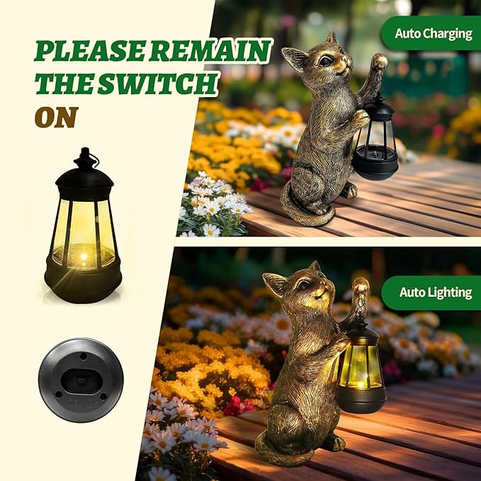 HONGLAND Cat Outdoor Statues Garden Decor, Cat Figurines Solar Lantern Lights, Birthday Gifts for Mom, Front Patio Balcony Yard Art Lawn Ornaments Porch Outdoor Decorations