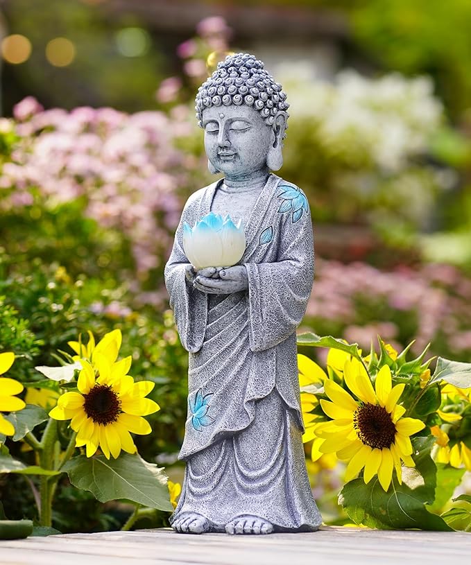 Nacome Solar Buddha Garden Statues with Lotus Flower: Resin Zen Decor Waterproof Sculpture Outdoor Light Design for Outside Patio Lawn Yard Balcony - 14.6 inches(Grey)