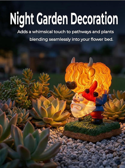 Garden Gnome Statue Highland Cow Gift,Yard Patio Balcony Outdoor Decor Solar Light Figurine, Christmas, Housewarming, Idea Gift for Mom, Neighbor,Gnome Lover