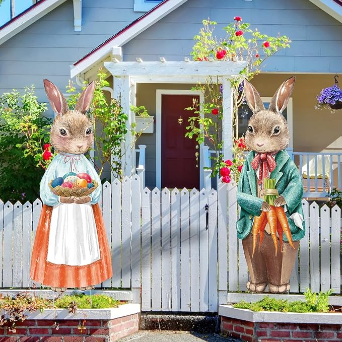 Capoda 2 Pack Easter Decorations Outdoor Yard Signs Bunnies 32.2 x 12.9 Inch Easter Eggs Yard Stake with H Stands for Holiday Party Spring Patio Lawn Garden Decor(Bunny Style)