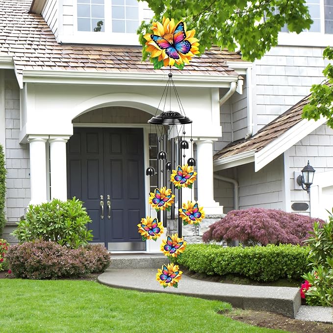 YHmall Sunflower Butterfly Gifts for Women, 35 in Wind Chimes for Outside Mothers Day Gardening Gifts for Mom Colorful Metal Memorial Wind Chime Butterfly Decor for Home Yard Patio Garden Outdoor