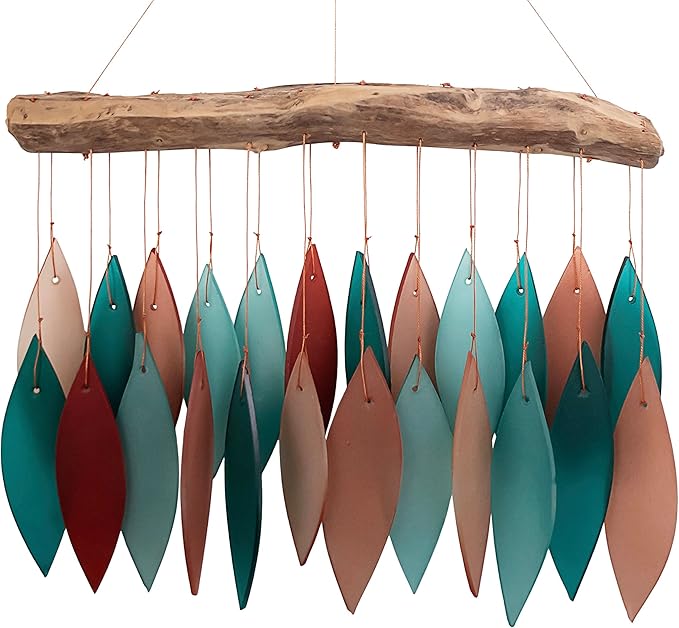 Blue Handworks Coral and Teal Glass & Driftwood Chime, Sandblasted Glass and Found Wood Handcrafted Wind Chime
