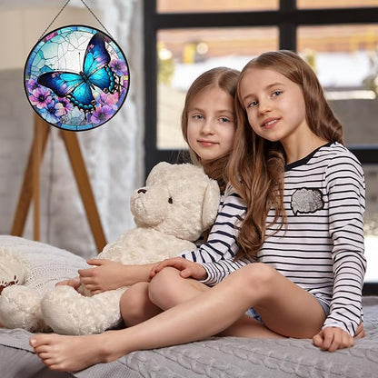 Butterfly Stained Glass Window Hanging - 7.9'' Handmade Sun Catcher Floral Garden Decor, Colorful Glass Panel Crystal Butterfly Wall Art for Home Windows - Birthday Gifts for Women, Mom, Nature Lovers
