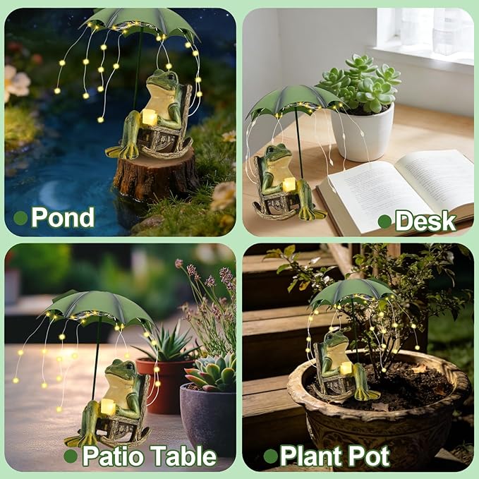 Solar Frog Garden Decor, Waterproof Resin Sitting Frog Statue with Umbrella & LED String Lights, Outdoor Fairy Garden Figurine for Patio Yard Lawn Ornament, Housewarming Gift for Women Mom