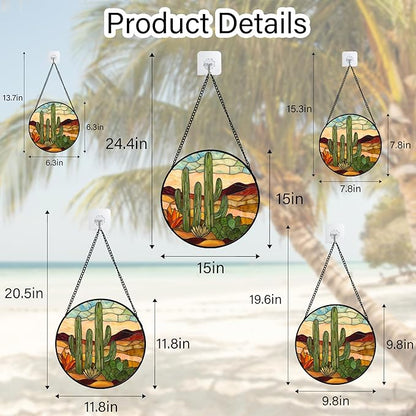 Stained Glass Window Hanging, Green Cactus Sun Catcher for Door Terrace Garden Home Decor, Abstract Desert Landscape Suncatcher Birthday Gifts for Lovers Women Men Dad Mom Nana 6.3