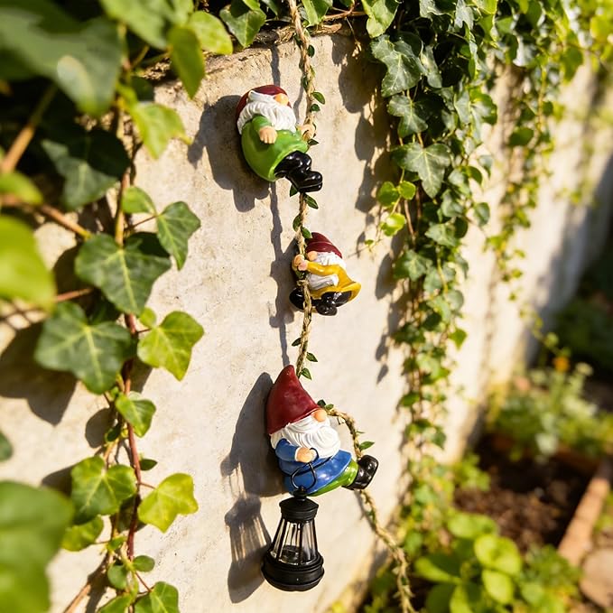 Garden Gnomes Hanging Solar Lights, 3-Pack Climbing Rope Gnome Statues with LED Lantern, Outdoor Decor for Yard Patio Door Tree Fence Wall, Housewarming Gifts for Women Mom Grandma