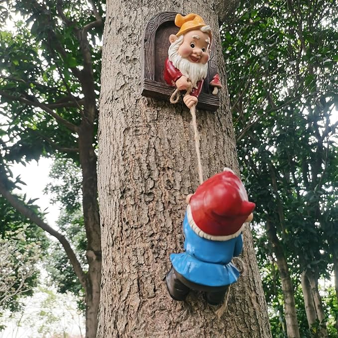 Funny Climbing Gnome Tree Hugger Decor- Garden Sculpture Decoration Elf Out The Door- Yard Ornament Resin Statue Outdoor Decor for Patio Lawn (Fun Dwarfs)
