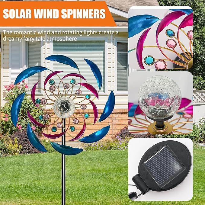 46" Wind Spinners for Yard and Garden with Solar LED Light, Metal Kinetic Wind Spinner Outdoor Decor, Wind Sculpture Yard Art Decorations for Patio, Lawn & Garden