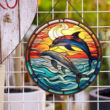 Jumping Dolphin Pattern Suncatcher Stained Glass,Hanging Stained Glass for Windows,20cm/7.87inch Sun Catcher Garden Hangings Ornaments Halloween Fall Christmas Decor for Home