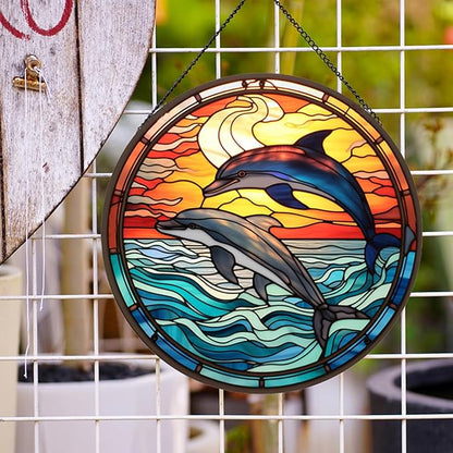 Jumping Dolphin Pattern Suncatcher Stained Glass,Hanging Stained Glass for Windows,20cm/7.87inch Sun Catcher Garden Hangings Ornaments Halloween Fall Christmas Decor for Home