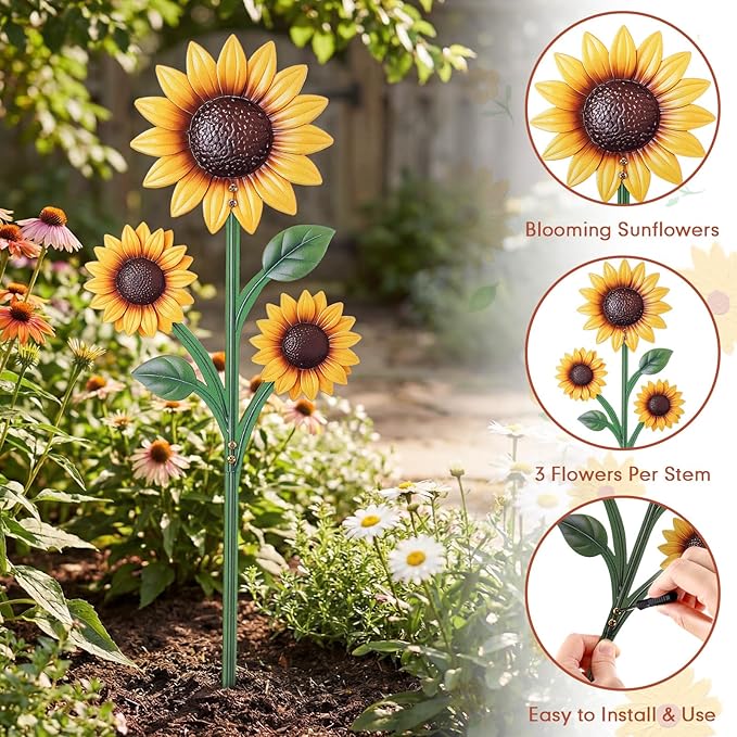3 Pack Sunflower Garden Stakes Set - Metal Flowers Decoration Spring Summer Outside Yard Art for Lawn, Patio, Pathway