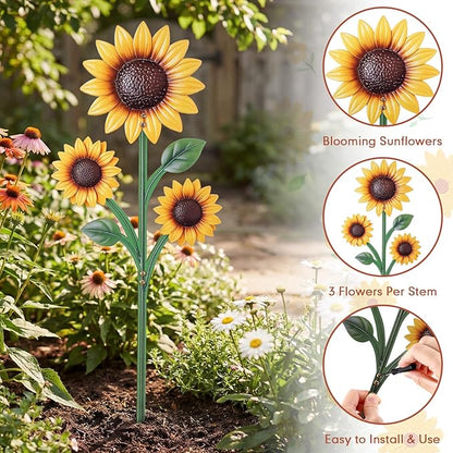 3 Pack Sunflower Garden Stakes Set - Metal Flowers Decoration Spring Summer Outside Yard Art for Lawn, Patio, Pathway
