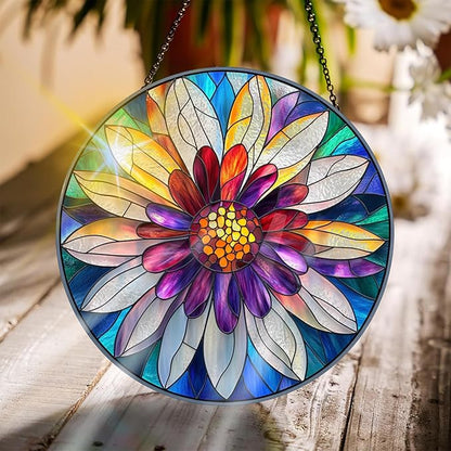 Bimkole Flower Stained Glass Suncatcher Window Hanging - Petals Indoor Window or Doorway Decoration - Handmade Sun Catcher Decor for Garden Home Christmas & Birthday Gifts 7.87x7.87 inch