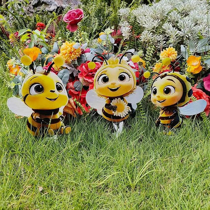 Bee Garden Stakes Decor – Metal Outdoor Yard Art, Rustproof Lawn Ornaments for Garden Patio Flower Bed, Hand-Painted 2D Bee Set of 3