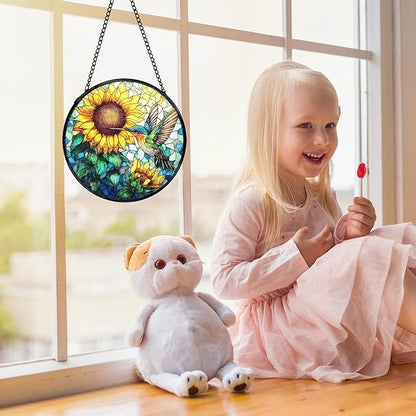 Hummingbird Sunflower Suncatchers Stained Glass Window Hanging, Hummingbird Flower Sun Catchers Indoor Window Glass Round Wall Decor, Bird Sunflower Wall Hanging Decorations, 7.9x7.9in
