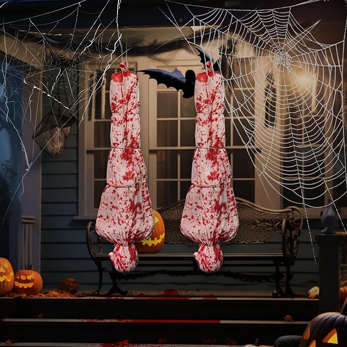 2PCS 5ft Halloween Decorations Scary Dead Victim Props, Hanging Corpse in Bag Body Bag Creepy Haunted House Decor Set, Halloween Outdoor Indoor Party Decorations (Assembly Needed)