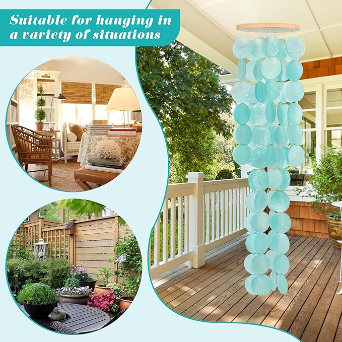 Wind Chimes for Outside - 31'' Handcrafted Turquoise Capiz Shells Windchime Coastal Style Decor for Indoor/Outdoors, Garden Decor, Great for Women, Wind Chimes Lovers and More