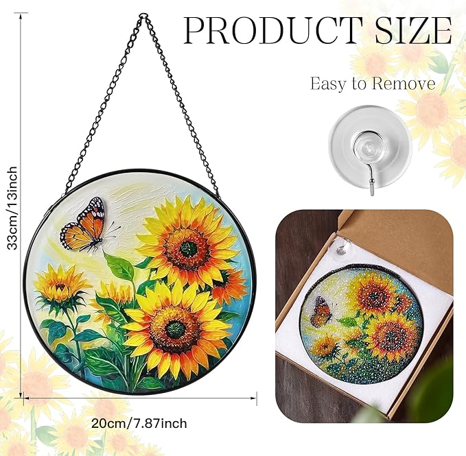 Sunflower Sun Catcher Stained Glass Window Hanging, 7.8" Suncatcher Glass Panel Window Decoration, Nature Lover Gift for Women, Wall Garden Art Decor, Gift for Birthday Christmas & Holidays