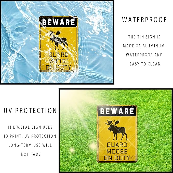 snowsun Beware Guard Moose on Duty Funny Metal Signs Vintage Tin Sign for Home Yard Farm Street Fence Wall Decoration 8×12 Inches