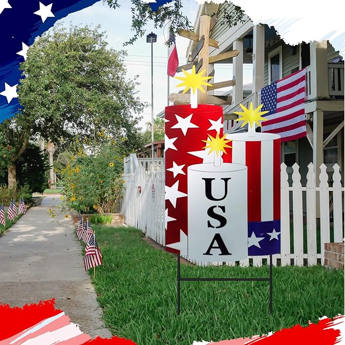Amyhill 4th of July Outdoor Decor Patriotic Garden Stake 250th Anniversary Metal USA Firecracker Welcome Yard Sign, Red White Blue Decor for Independence Patio Lawn Walkway Outdoor Decorations