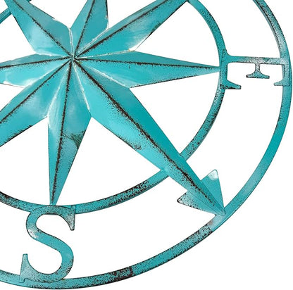 Zeckos 20.25 Inch Aqua Metal Compass Rose Wall Decor, Distressed Coastal Nautical Compass Star Round Wall Art for Entryway, Living Room, Bedroom, Hallway or Beach House