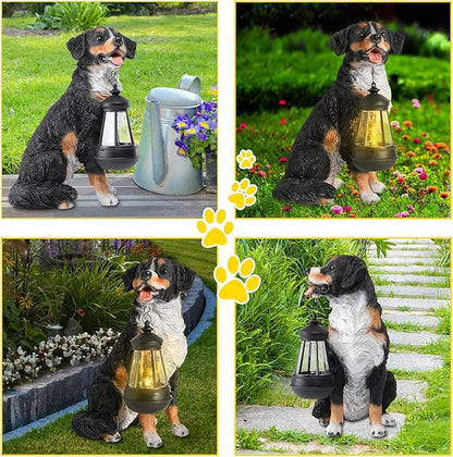 Afirst Dog Garden Statue - Outdoor Decor with Solar Lantern Valentine's Day Gift Lovely Bernese Mountain Dog Figurine Patio Lawn Yard Art Ornaments Housewarming Gift
