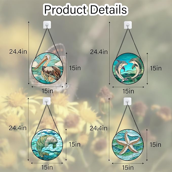 DASTOLL Stained Glass Window Hanging 4 Pcs Set Cyan Ocean Life Theme Large 15" - Sea Starfish Suncatcher Door Garden Sun Catcher Decor Birthday for Mom Woman Nana Men Friend