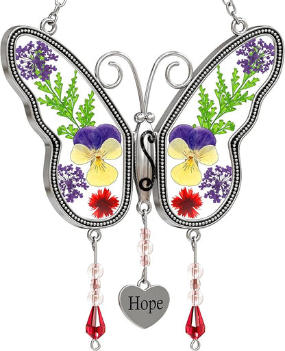 KY&BOSAM Suncatcher Butterfly Stained Glass Hope Suncatchers Ornament hangings for Windows Wind Chime with Pressed Dried Flower Wings Embedded in Glass for Mom Birthdays Christmas
