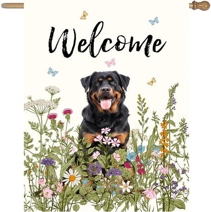 Floral Rottweiler Garden Flag Spring Summer House Flags 28 x 40 Double Sided Flower Dog Yard Flags for Outside Large Outdoor Welcome Flags