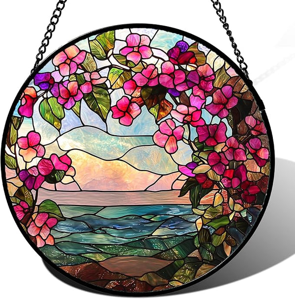 Stained Glass Window Hanging, Purple Flower Landscape Wreath Sun Catcher for Door Home Decor Plants Suncatcher Christmas Mother's Day Birthday Gifts for Women Men Mom Nana 11.8 in